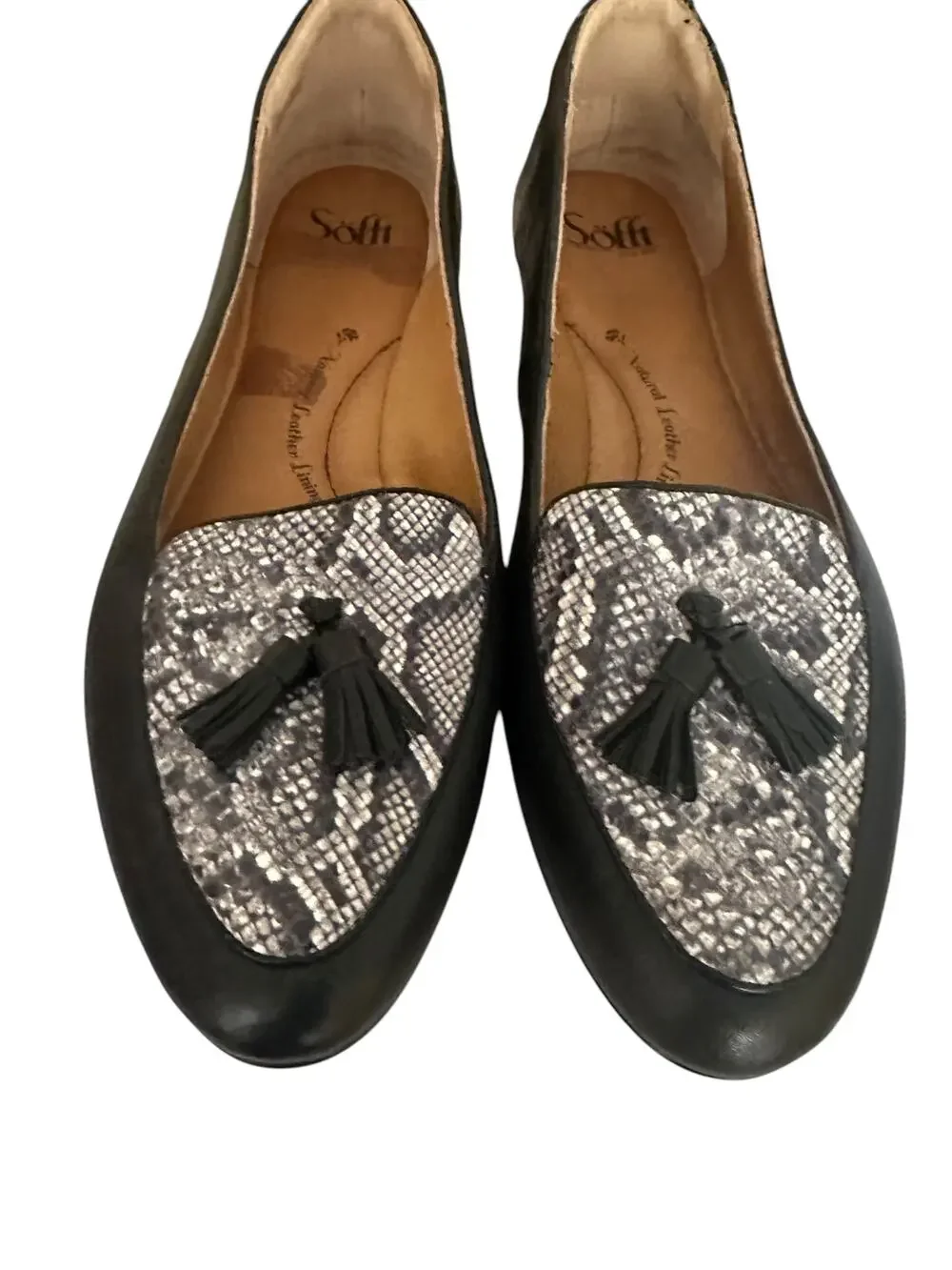 Sofft black and snake print tassled leather flats loafers 11M